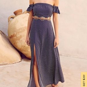 Dream Love Navy Blue Polka Dot Off-the-Shoulder Maxi Dress